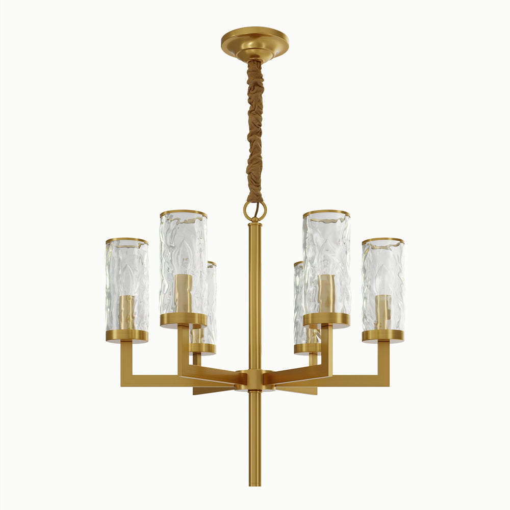 Cylindrical Tumbler Multi-Lamp Head Round Brass Water Ripple Glass Chandelier