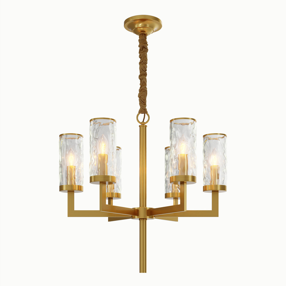 Cylindrical Tumbler Multi-Lamp Head Round Brass Water Ripple Glass Chandelier