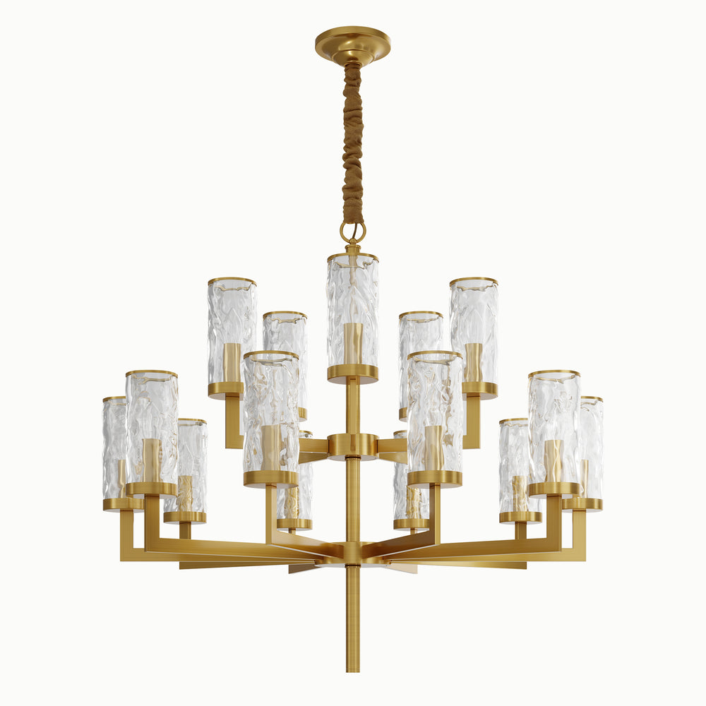 Double Round Multi-lamp Head Brass Cylindrical Water Ripple 2-Layer Glass Chandelier