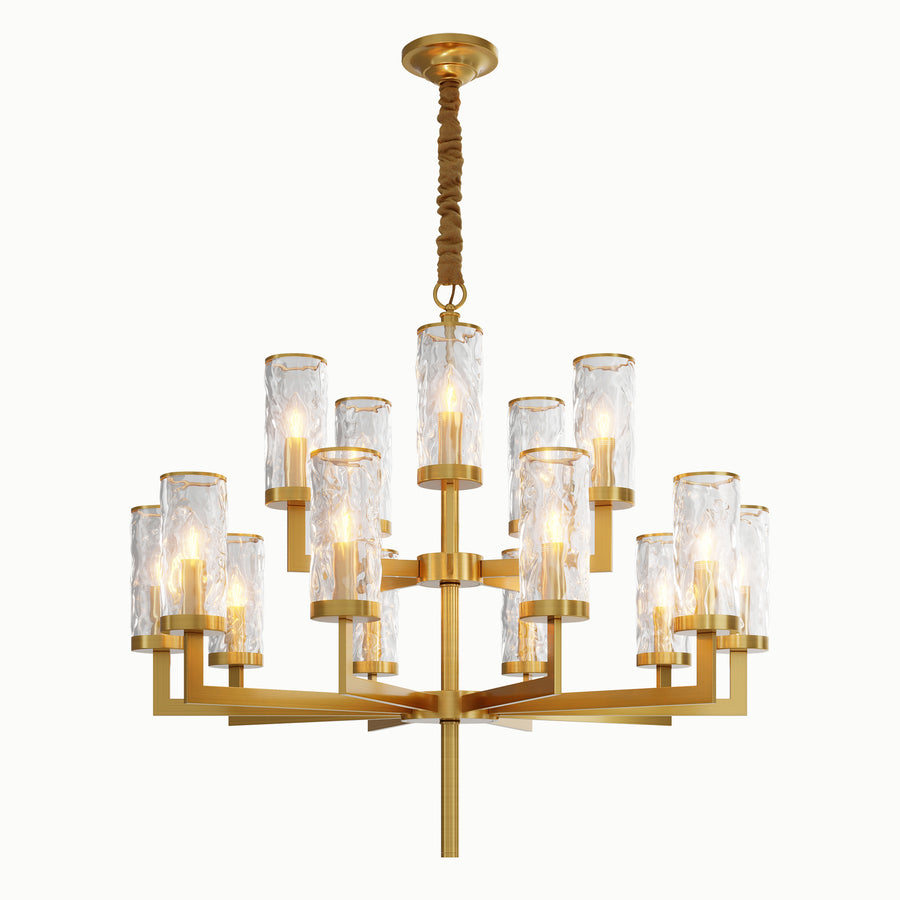 Double Round Multi-lamp Head Brass Cylindrical Water Ripple 2-Layer Glass Chandelier