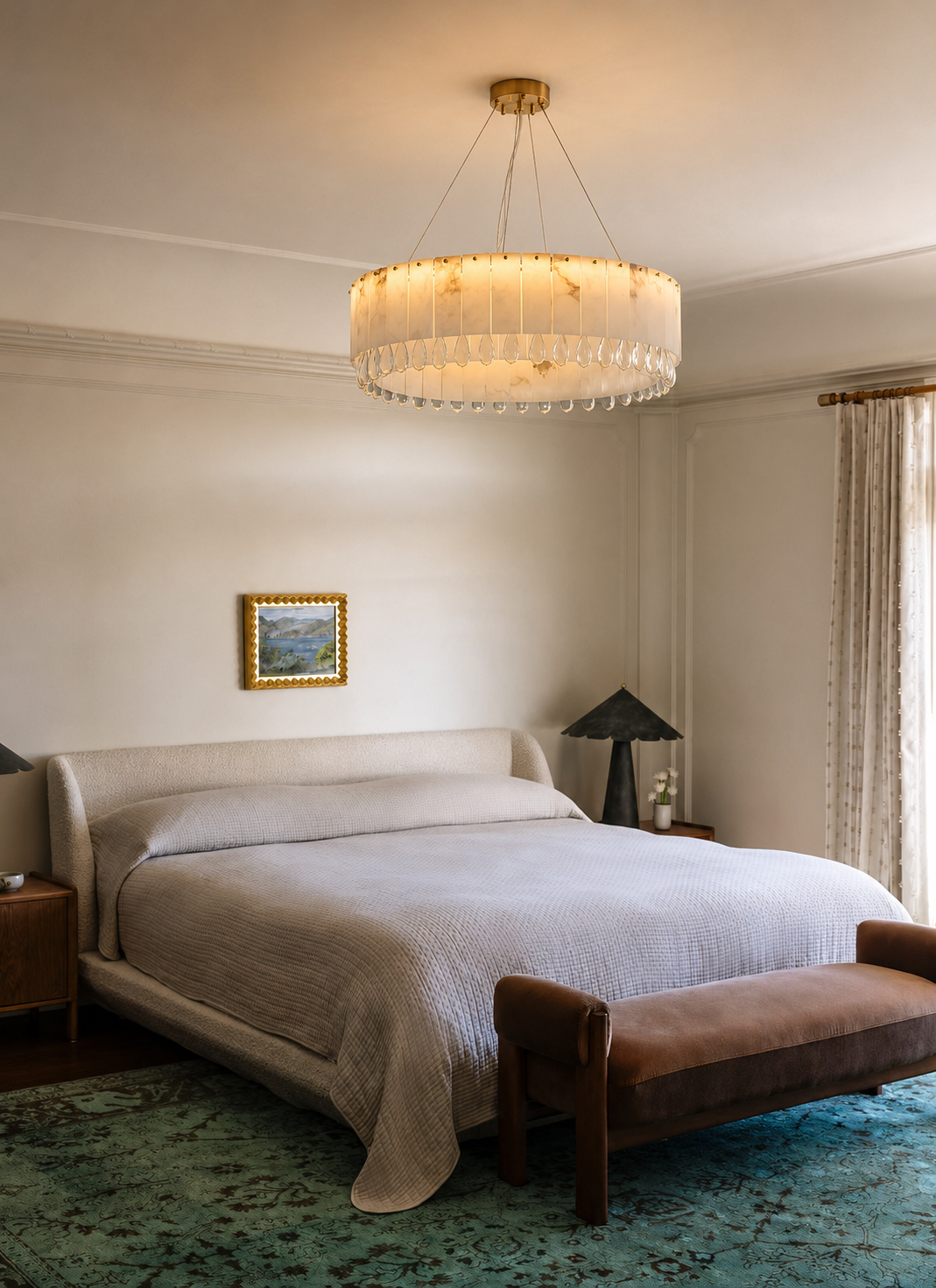 Round chandelier above a bedroom seating and bed area, selected for soft overhead light without crowding the room